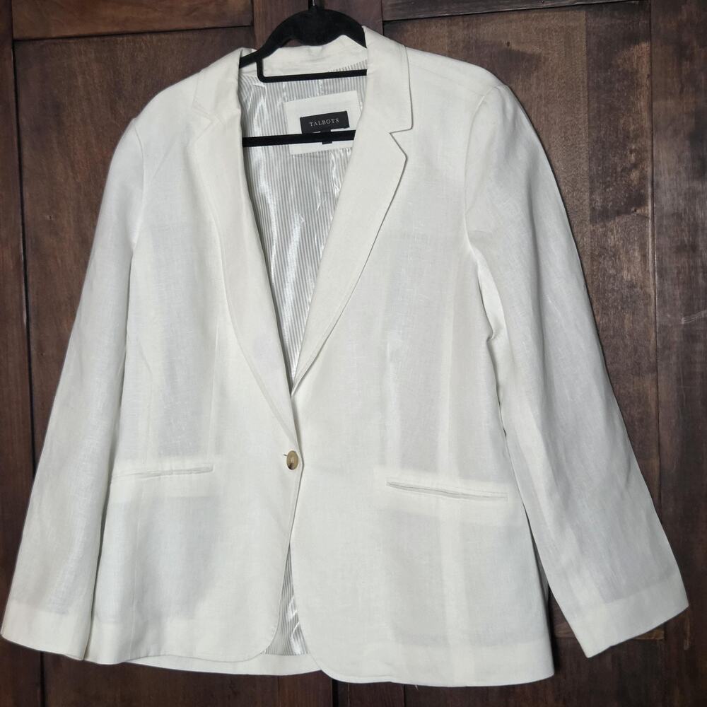 Talbots Blazer Womens 18 White Linen One Button Lined Jacket Long Sleeve